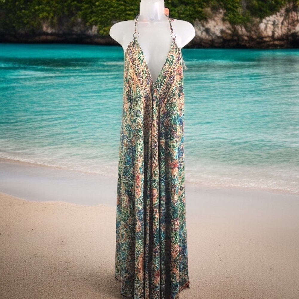 Bigg Bull Silk Boho Backless Halter Maxi Dress Green Orange Gold Metallic